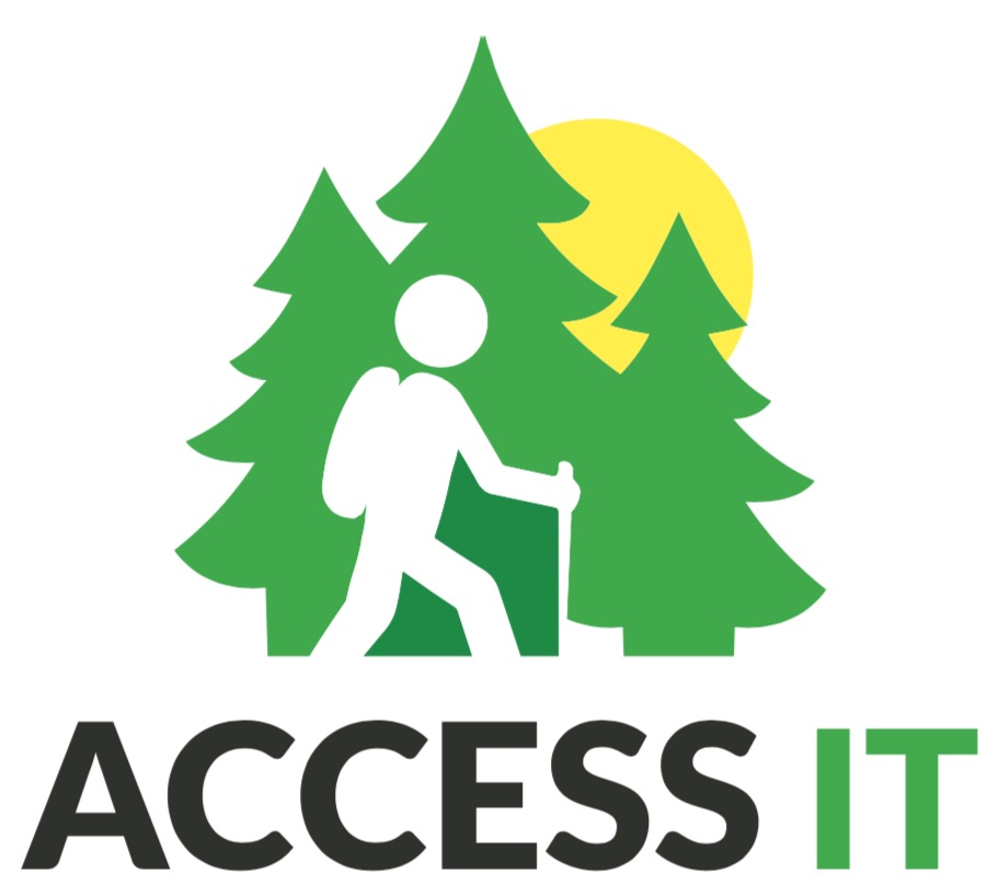 logo of ACCESS-IT with figure of walking person with backpack and walking stick, three pine trees and sun